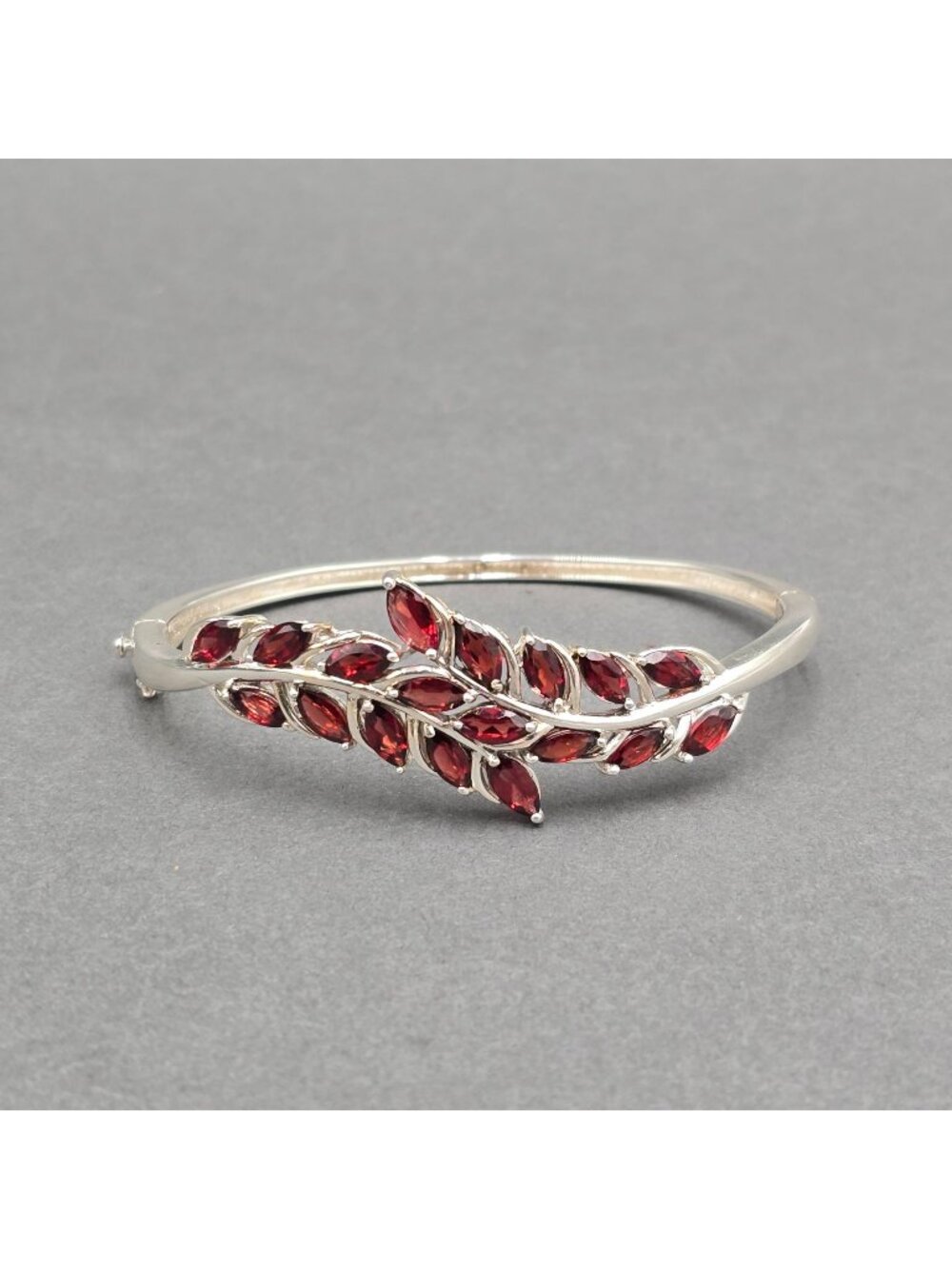 Sterling Silver Garnet Marquise Hinged Bangle Bracelet 7.25" Vintage Style 925